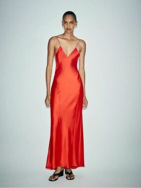 Zara Red Satin Slip Maxi Dress with Spaghetti Straps